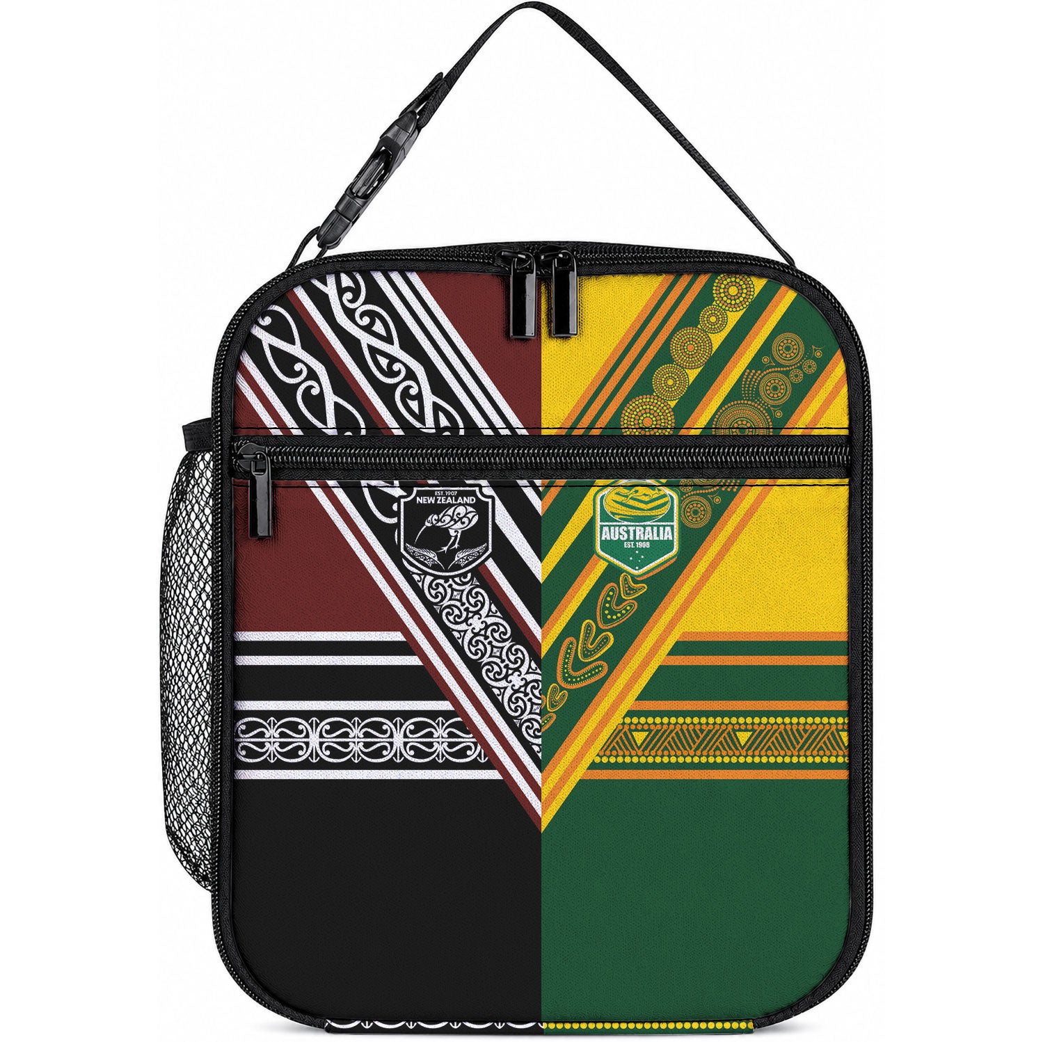 Rugby New Zealand and Australia Lunch Bag Burgundy Koru Geometric with Aboriginal Chevron Sport Style LT03 10.2 × 8.3 × 4.3 inch Multicolor - Polynesian Pride