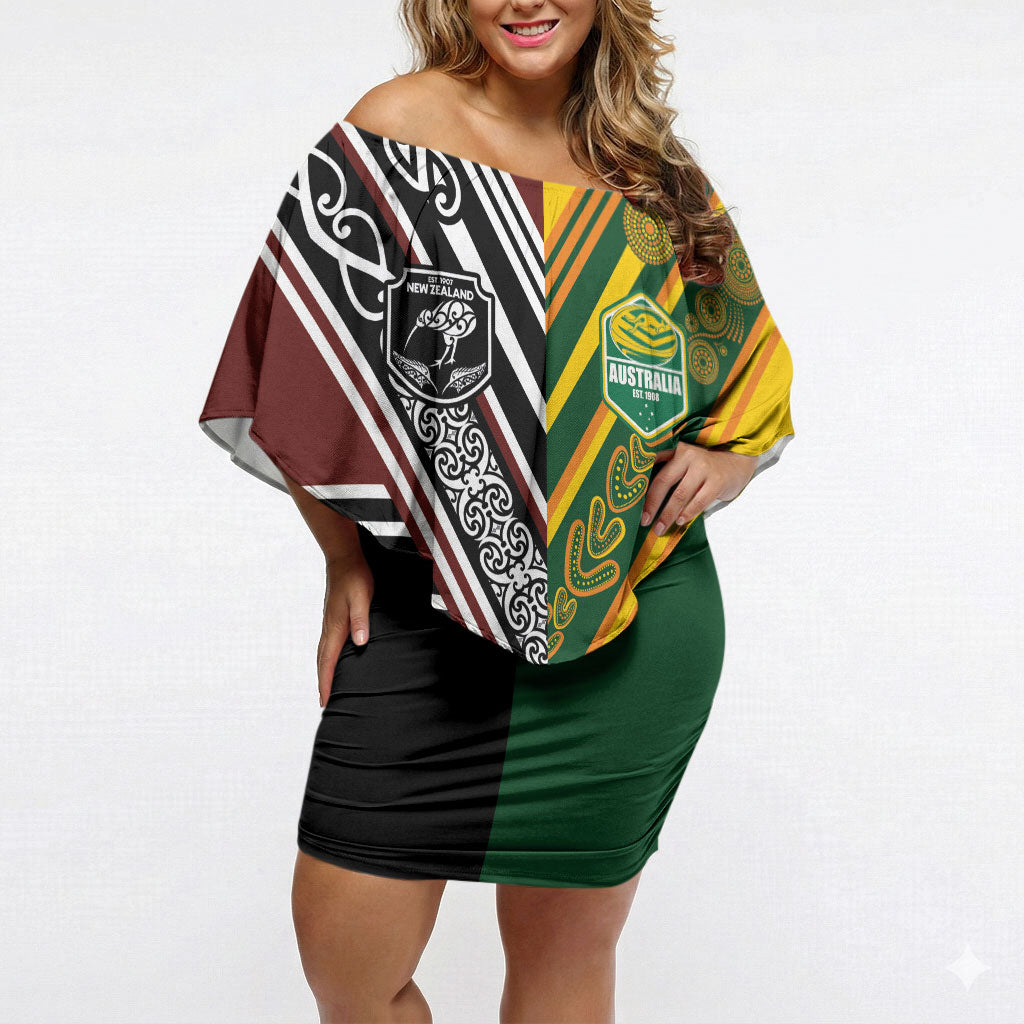 Custom Rugby New Zealand and Australia Off Shoulder Short Dress Burgundy Koru Geometric with Aboriginal Chevron Sport Style LT03 Women Multicolor - Polynesian Pride