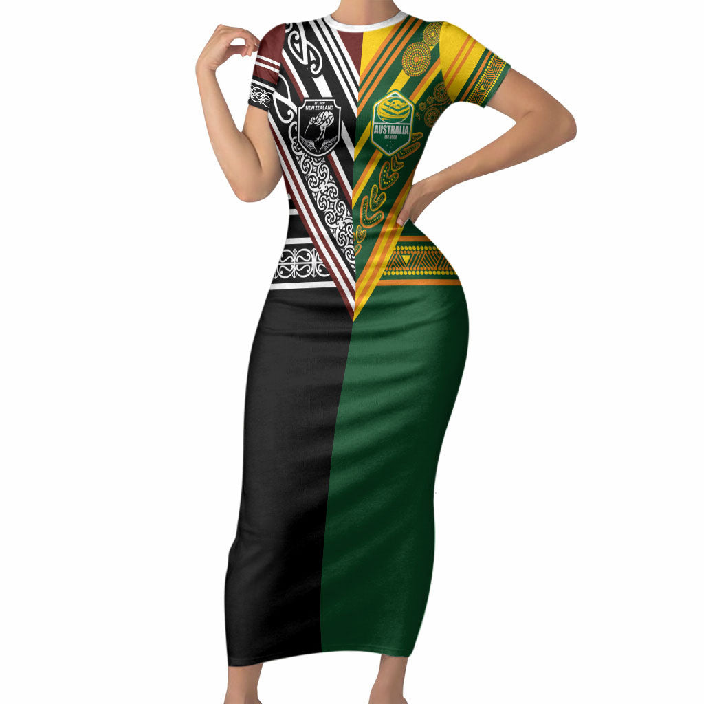 Custom Rugby New Zealand and Australia Short Sleeve Bodycon Dress Burgundy Koru Geometric with Aboriginal Chevron Sport Style LT03 Long Dress Multicolor - Polynesian Pride