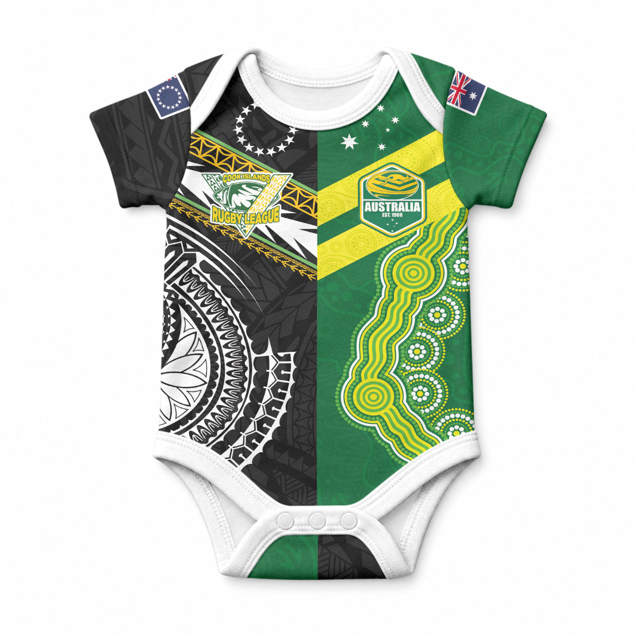 Custom Rugby Cook Islands and Australia Baby Onesie Tatau Tribal with Aboriginal Chevron Sport Style LT03 Multicolor - Polynesian Pride