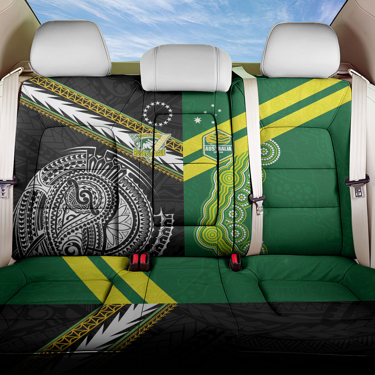 Rugby Cook Islands and Australia Back Car Seat Cover Tatau Tribal with Aboriginal Chevron Sport Style LT03 One Size Multicolor - Polynesian Pride