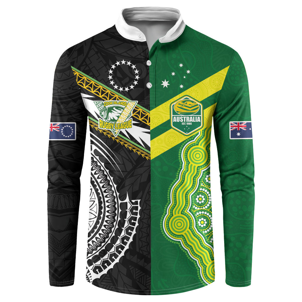 Custom Rugby Cook Islands and Australia Button Sweatshirt Tatau Tribal with Aboriginal Chevron Sport Style LT03 Multicolor - Polynesian Pride