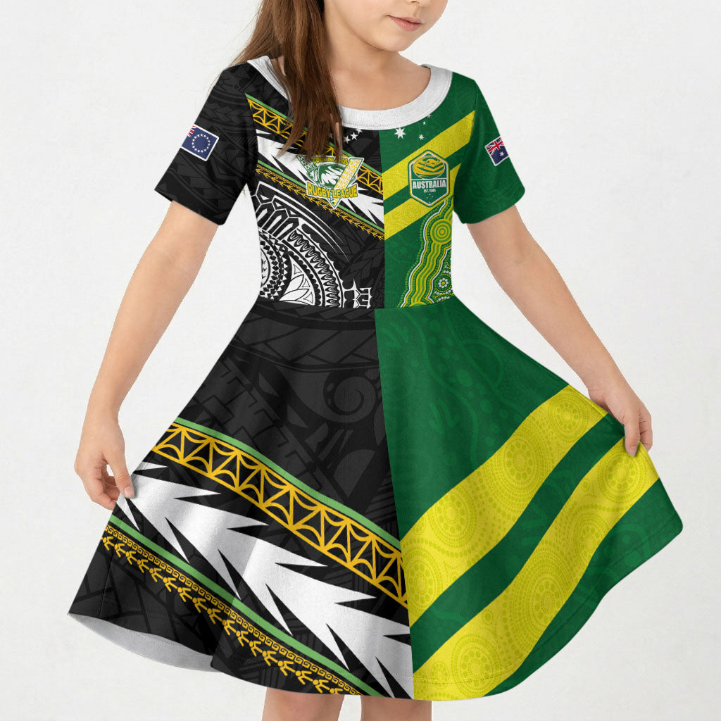 Custom Rugby Cook Islands and Australia Kid Short Sleeve Dress Tatau Tribal with Aboriginal Chevron Sport Style LT03 KID Multicolor - Polynesian Pride