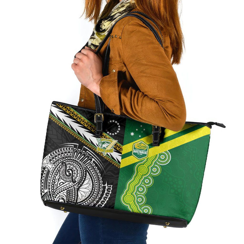 Rugby Cook Islands and Australia Leather Tote Bag Tatau Tribal with Aboriginal Chevron Sport Style LT03 Multicolor - Polynesian Pride