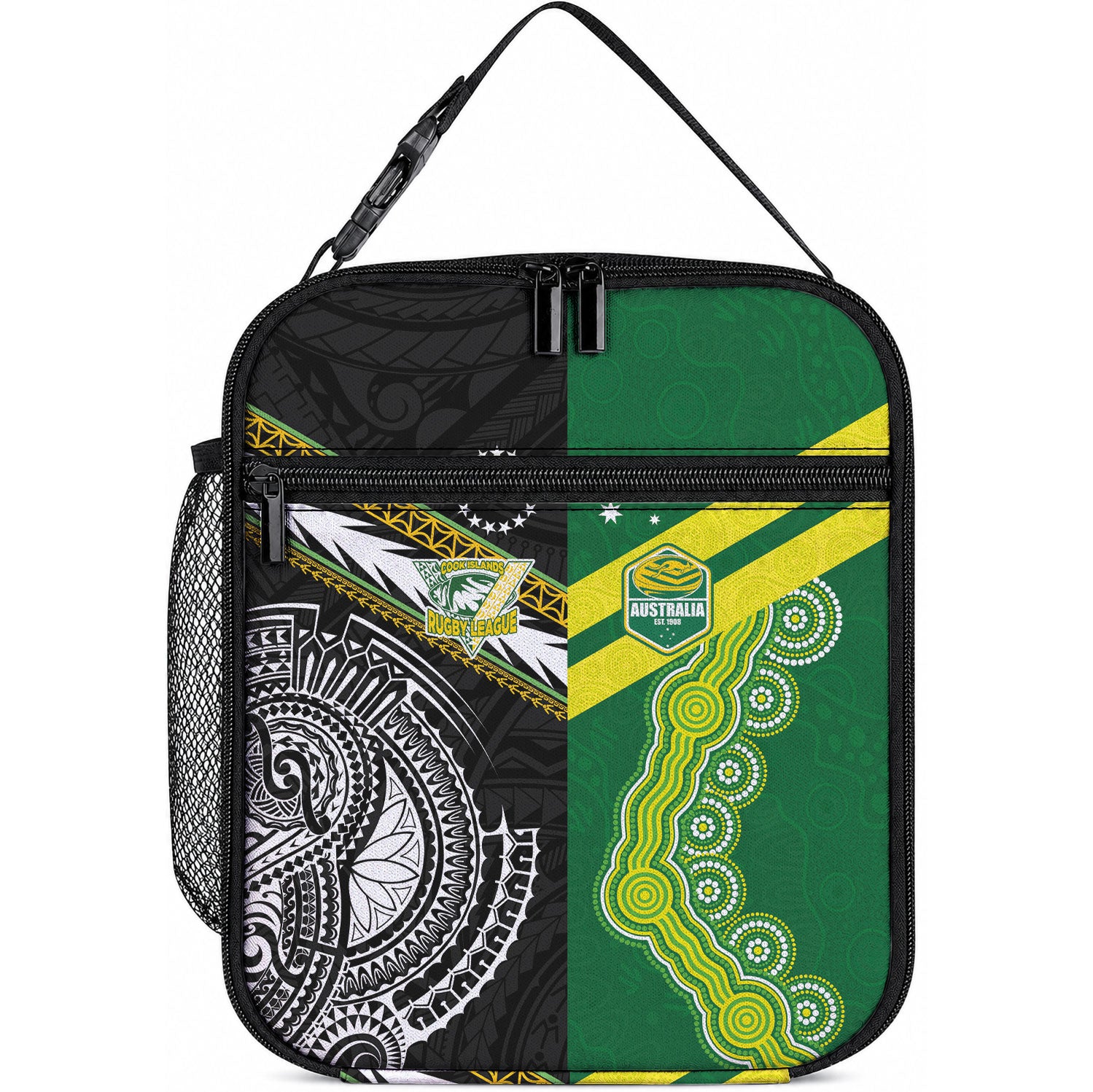 Rugby Cook Islands and Australia Lunch Bag Tatau Tribal with Aboriginal Chevron Sport Style LT03 10.2 × 8.3 × 4.3 inch Multicolor - Polynesian Pride