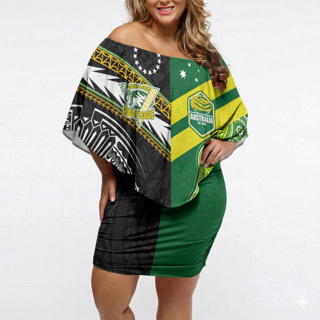 Custom Rugby Cook Islands and Australia Off Shoulder Short Dress Tatau Tribal with Aboriginal Chevron Sport Style LT03 Women Multicolor - Polynesian Pride