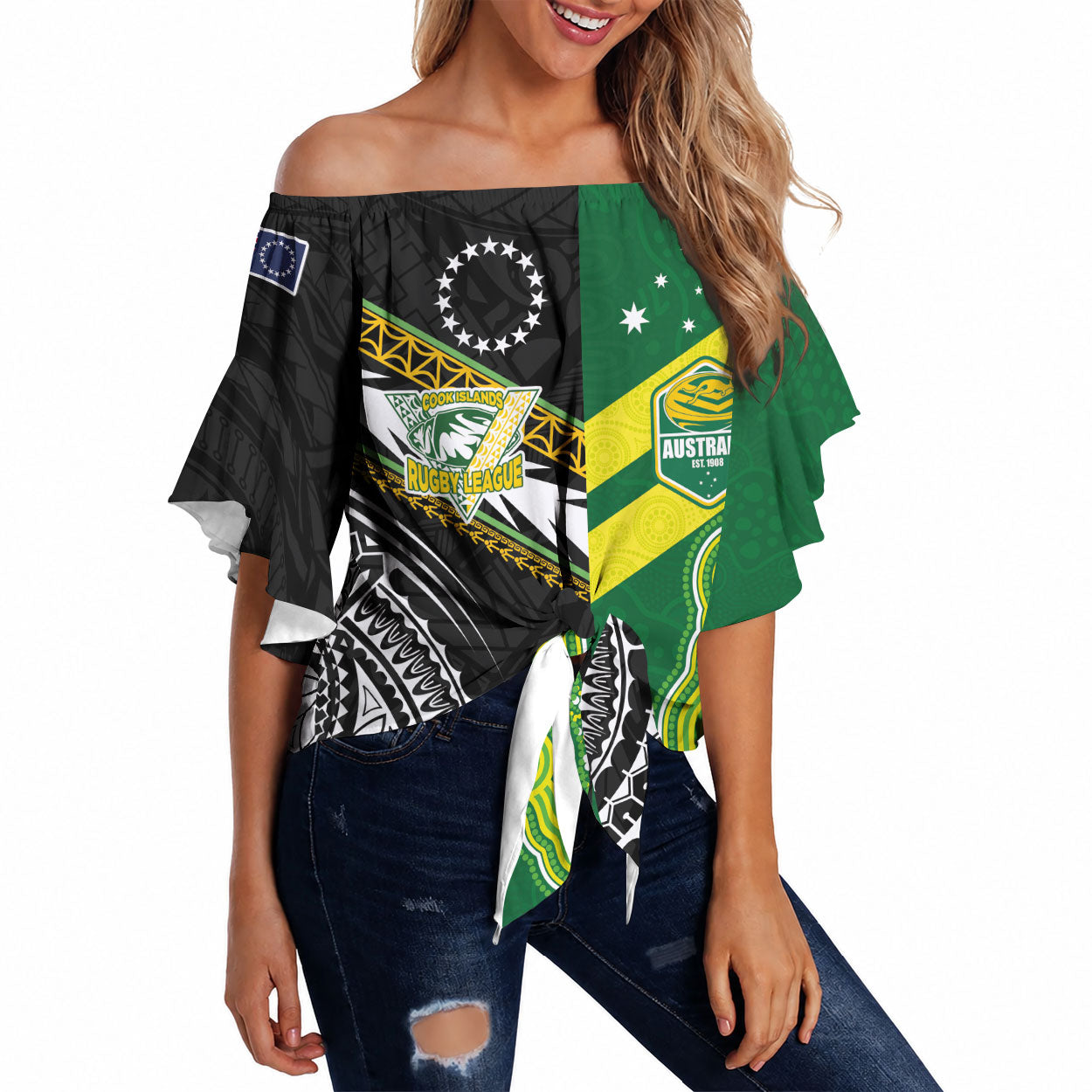 Custom Rugby Cook Islands and Australia Off Shoulder Wrap Waist Top Tatau Tribal with Aboriginal Chevron Sport Style LT03 Multicolor - Polynesian Pride