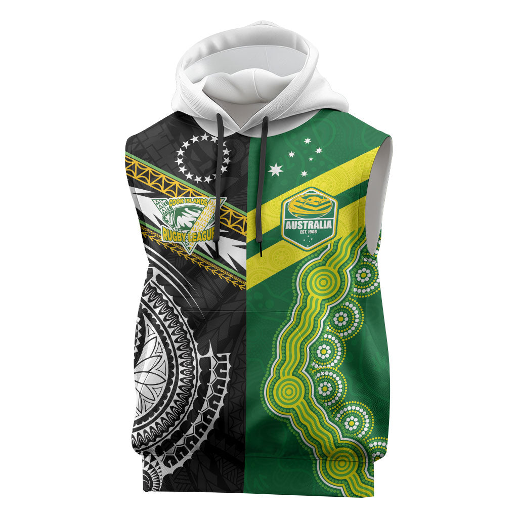 Custom Rugby Cook Islands and Australia Sleeveless Hoodie Tatau Tribal with Aboriginal Chevron Sport Style LT03 Multicolor - Polynesian Pride