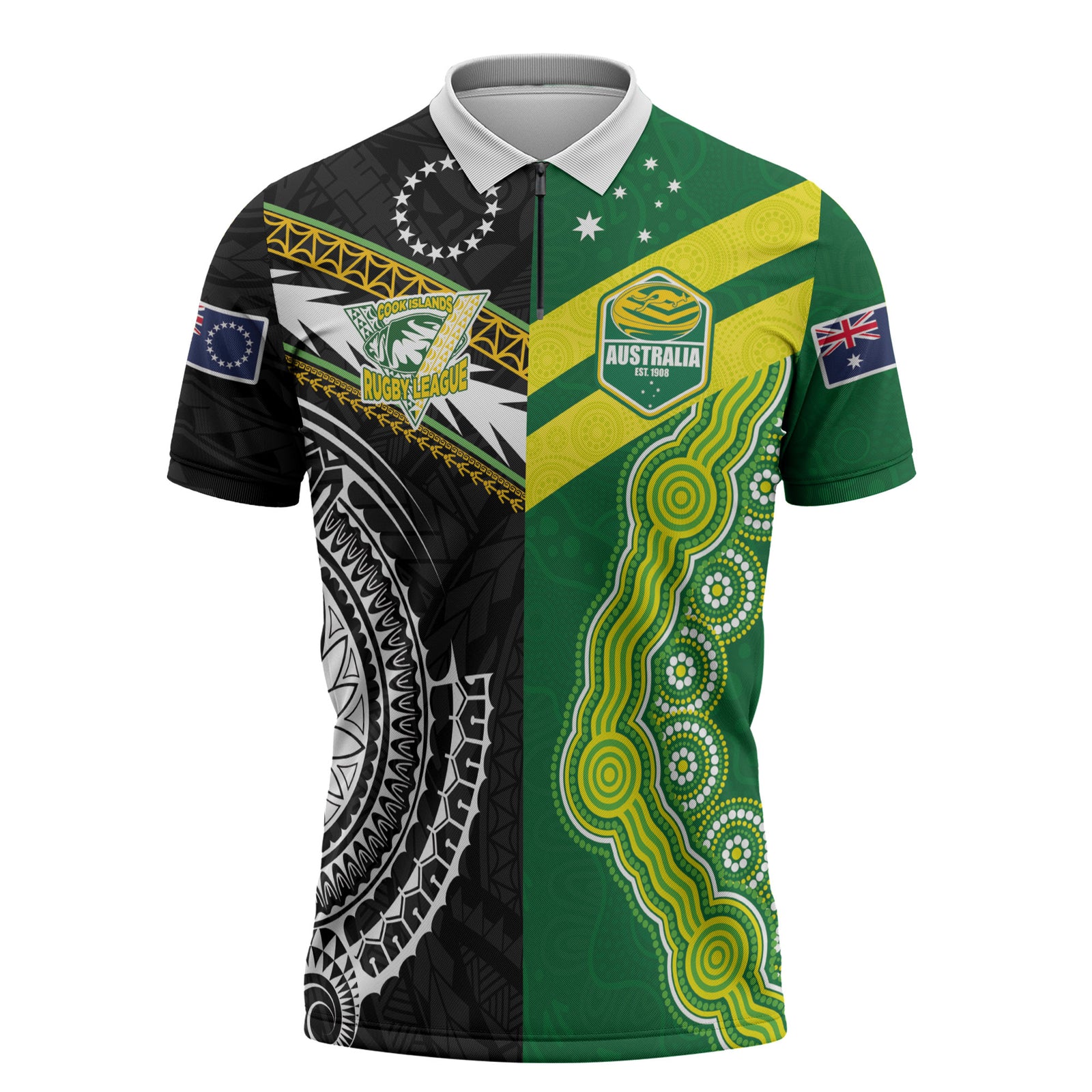 Custom Rugby Cook Islands and Australia Zipper Polo Shirt Tatau Tribal with Aboriginal Chevron Sport Style LT03 Multicolor - Polynesian Pride
