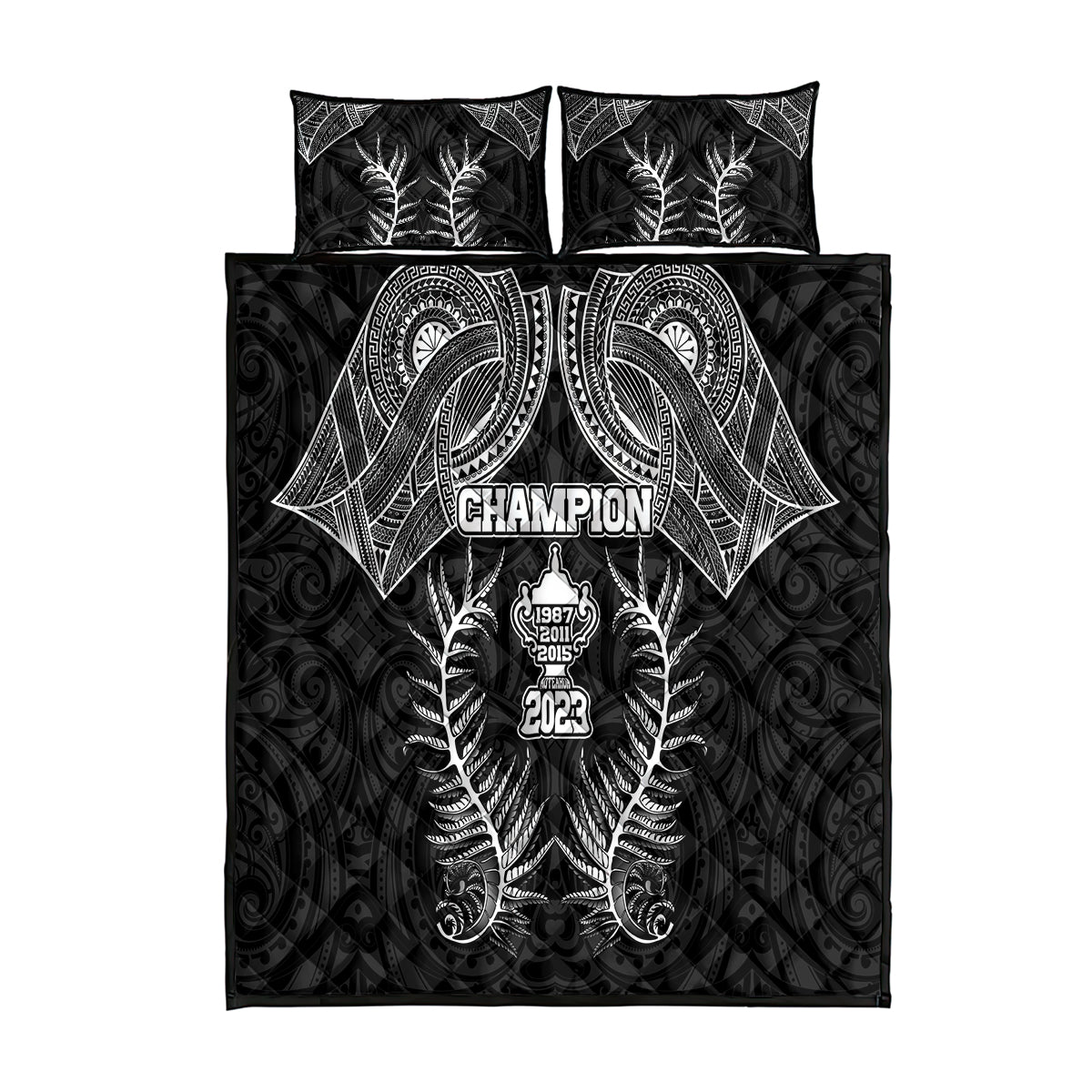 New Zealand Rugby Quilt Bed Set Aotearoa Champion Cup History with Silver Fern LT03 Black - Polynesian Pride