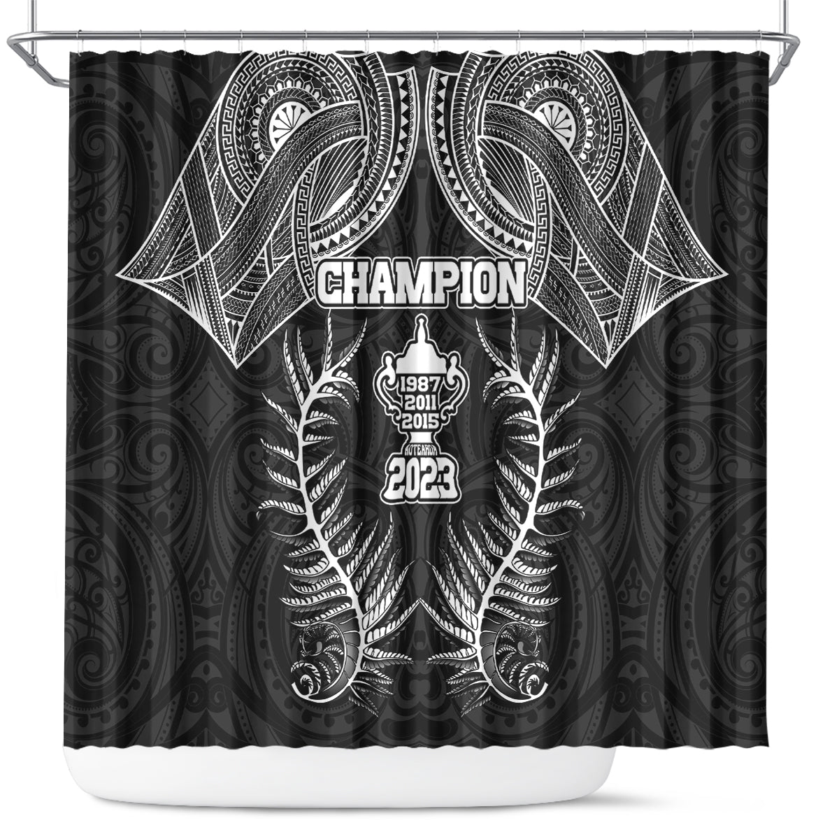 New Zealand Rugby Shower Curtain Aotearoa Champion Cup History with Silver Fern LT03 Black - Polynesian Pride