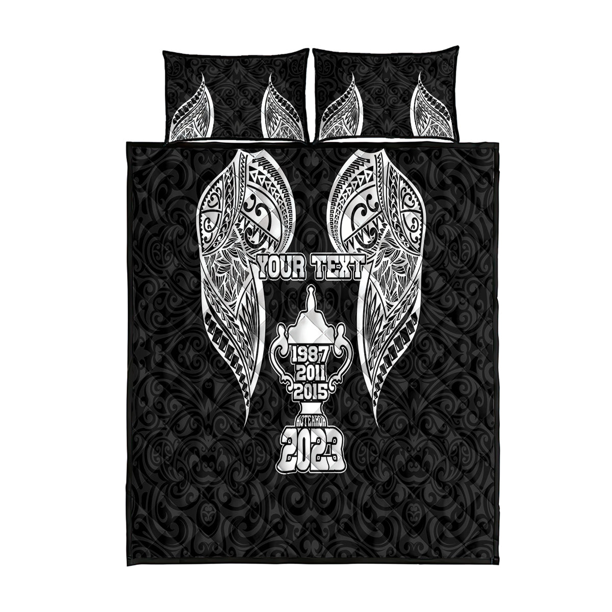 Personalised New Zealand Rugby Quilt Bed Set Aotearoa Champion Cup History with Haka Dance LT03 Black - Polynesian Pride