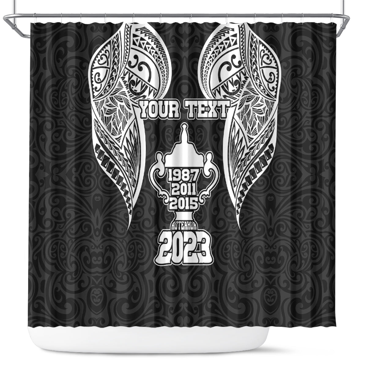 Personalised New Zealand Rugby Shower Curtain Aotearoa Champion Cup History with Haka Dance LT03 Black - Polynesian Pride