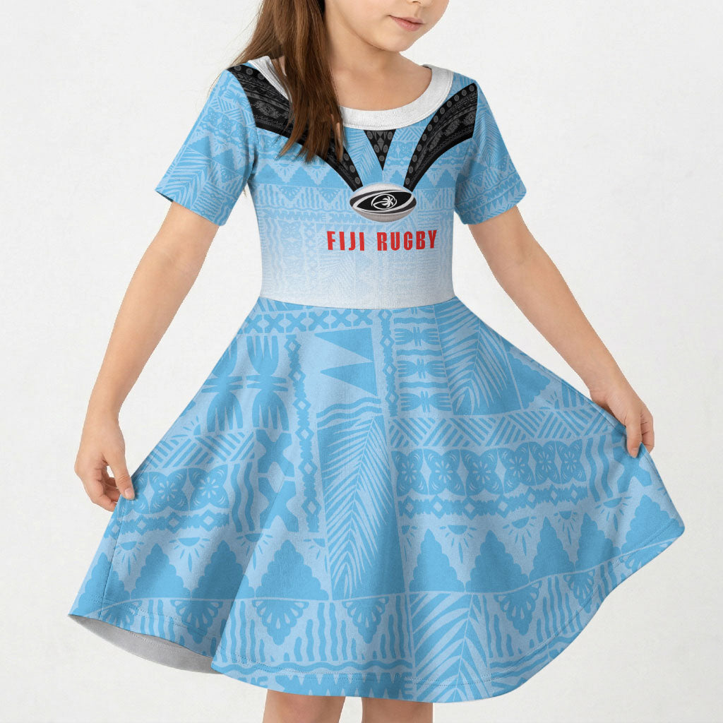 Custom Fijian Rugby Kid Short Sleeve Dress Tapa Pattern Retro Sporty Style LT03 KID White - Polynesian Pride
