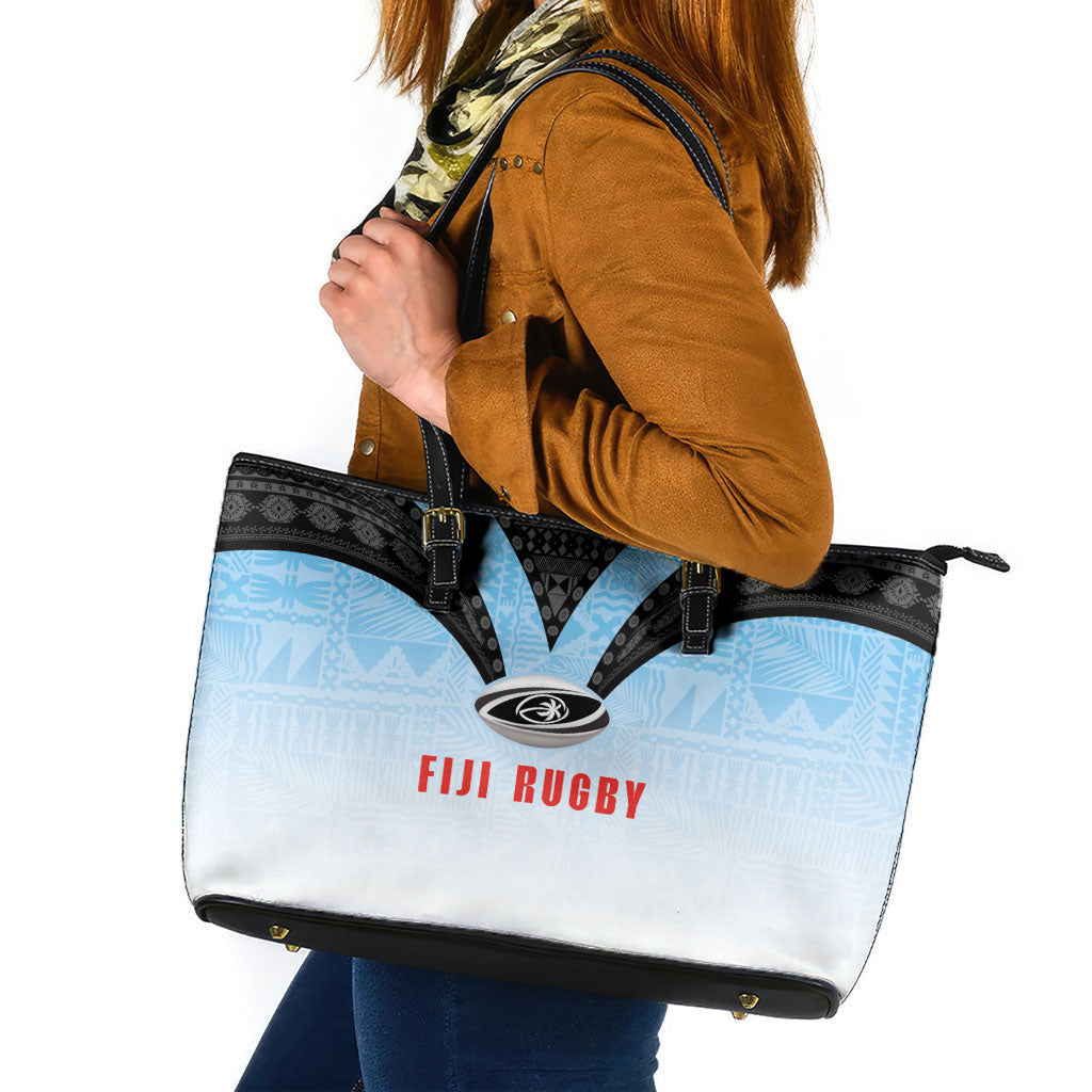 Fijian Rugby Leather Tote Bag Tapa Pattern Retro Sporty Style LT03 White - Polynesian Pride