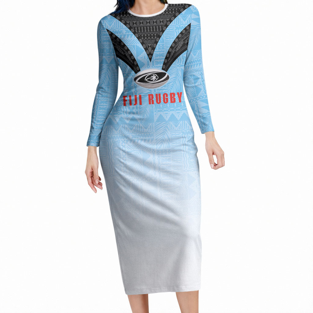Custom Fijian Rugby Long Sleeve Bodycon Dress Tapa Pattern Retro Sporty Style LT03 Long Dress White - Polynesian Pride