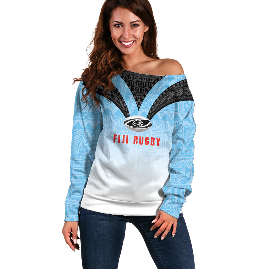 Custom Fijian Rugby Off Shoulder Sweater Tapa Pattern Retro Sporty Style LT03 Women White - Polynesian Pride