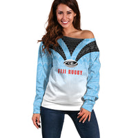 Custom Fijian Rugby Off Shoulder Sweater Tapa Pattern Retro Sporty Style LT03 Women White - Polynesian Pride