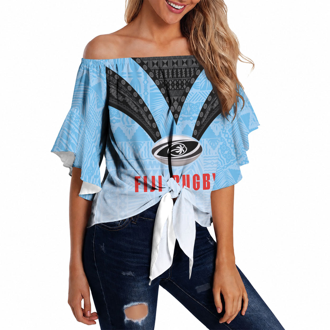 Custom Fijian Rugby Off Shoulder Wrap Waist Top Tapa Pattern Retro Sporty Style LT03 White - Polynesian Pride