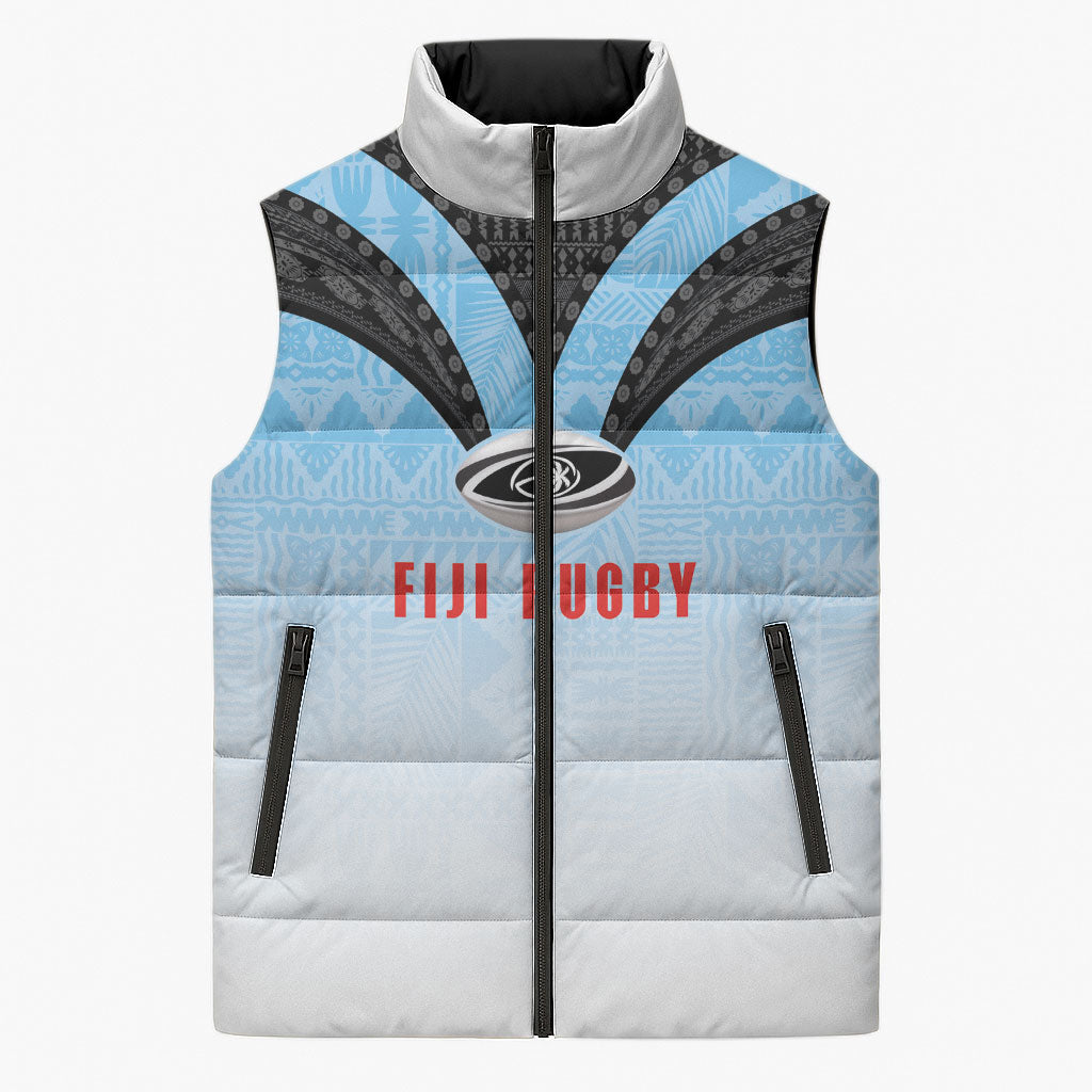 Custom Fijian Rugby Sleeveless Puffer Jacket Tapa Pattern Retro Sporty Style LT03 Unisex White - Polynesian Pride