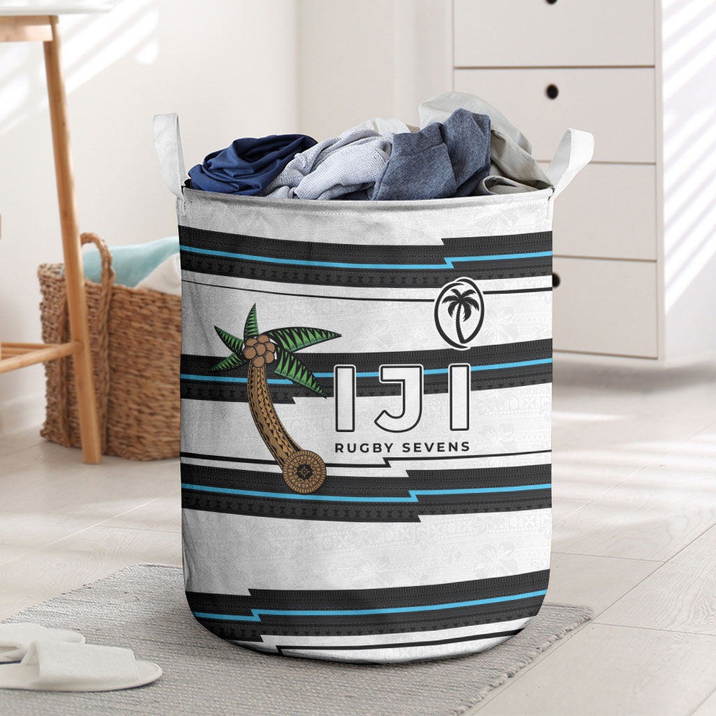 Fijian Rugby Sevens Laundry Basket Masi Tapa Pattern Stripes Sporty Style LT03 White - Polynesian Pride