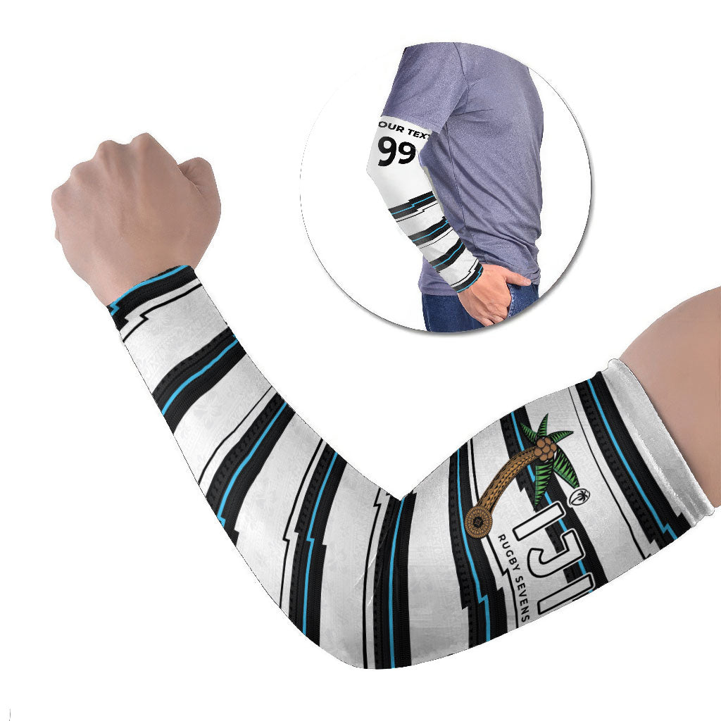 Custom Fijian Rugby Sevens Arm Sleeves Masi Tapa Pattern Stripes Sporty Style LT03 Set of 2 White - Polynesian Pride