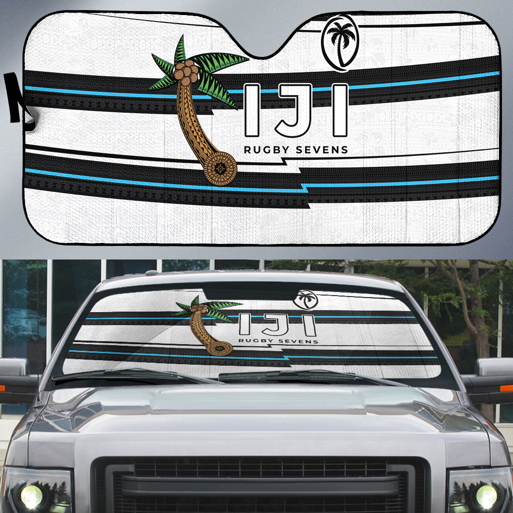 Fijian Rugby Sevens Auto Sun Shade Masi Tapa Pattern Stripes Sporty Style LT03 White - Polynesian Pride