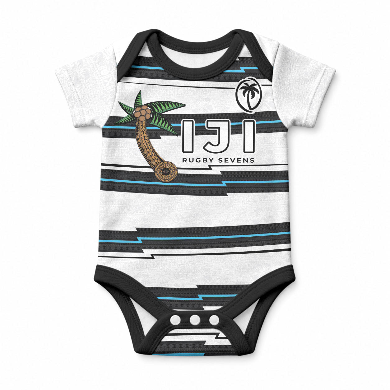 Custom Fijian Rugby Sevens Baby Onesie Masi Tapa Pattern Stripes Sporty Style LT03 White - Polynesian Pride
