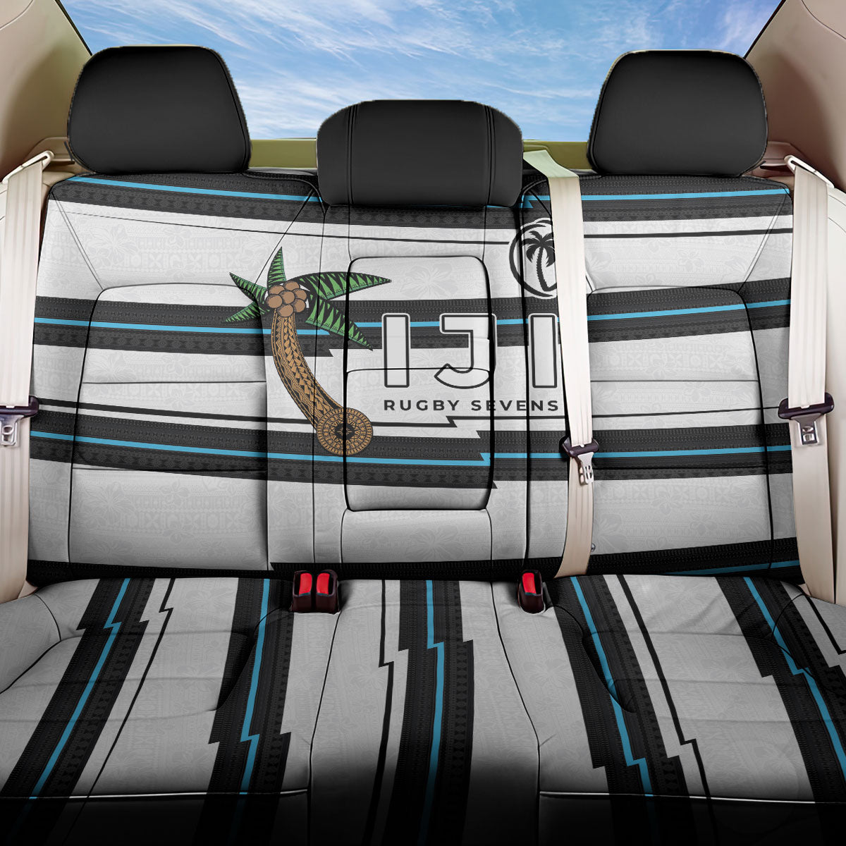 Fijian Rugby Sevens Back Car Seat Cover Masi Tapa Pattern Stripes Sporty Style LT03 One Size White - Polynesian Pride