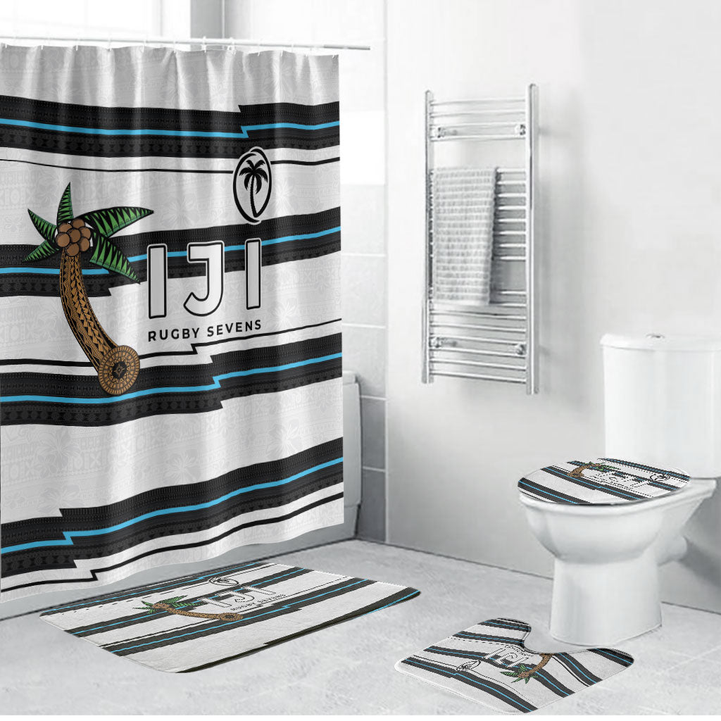 Fijian Rugby Sevens Bathroom Set Masi Tapa Pattern Stripes Sporty Style LT03 Bathroom Set (4 pcs) White - Polynesian Pride