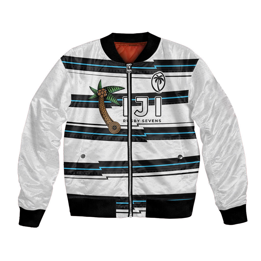 Custom Fijian Rugby Sevens Bomber Jacket Masi Tapa Pattern Stripes Sporty Style LT03 Unisex White - Polynesian Pride
