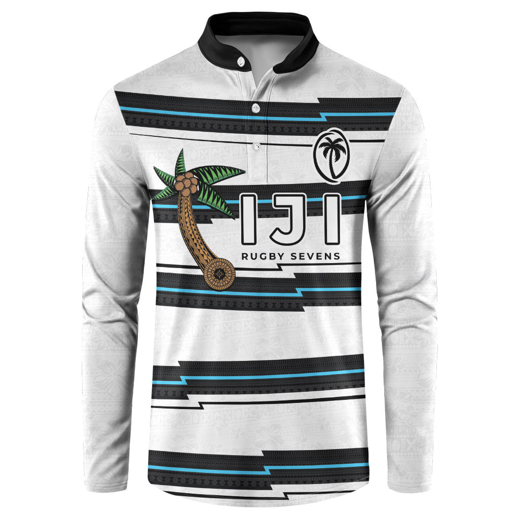 Custom Fijian Rugby Sevens Button Sweatshirt Masi Tapa Pattern Stripes Sporty Style LT03 White - Polynesian Pride