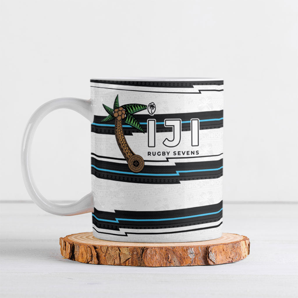 Custom Fijian Rugby Sevens Ceramic Mug Masi Tapa Pattern Stripes Sporty Style LT03 White - Polynesian Pride
