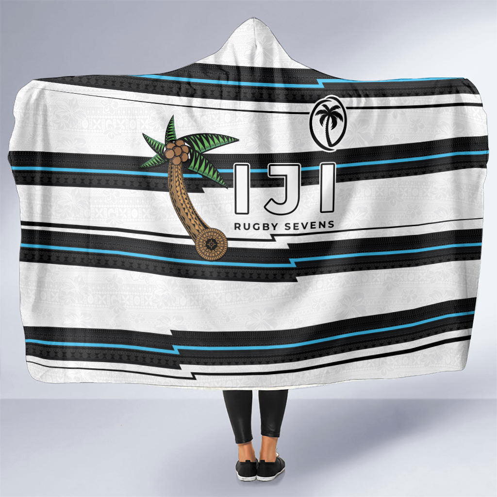 Fijian Rugby Sevens Hooded Blanket Masi Tapa Pattern Stripes Sporty Style LT03 One Size White - Polynesian Pride