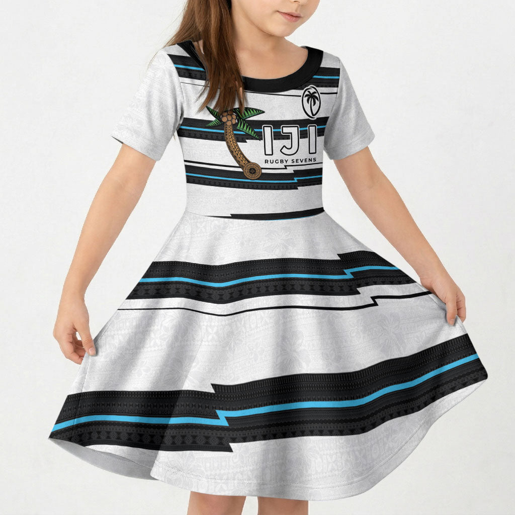 Custom Fijian Rugby Sevens Kid Short Sleeve Dress Masi Tapa Pattern Stripes Sporty Style LT03 KID White - Polynesian Pride