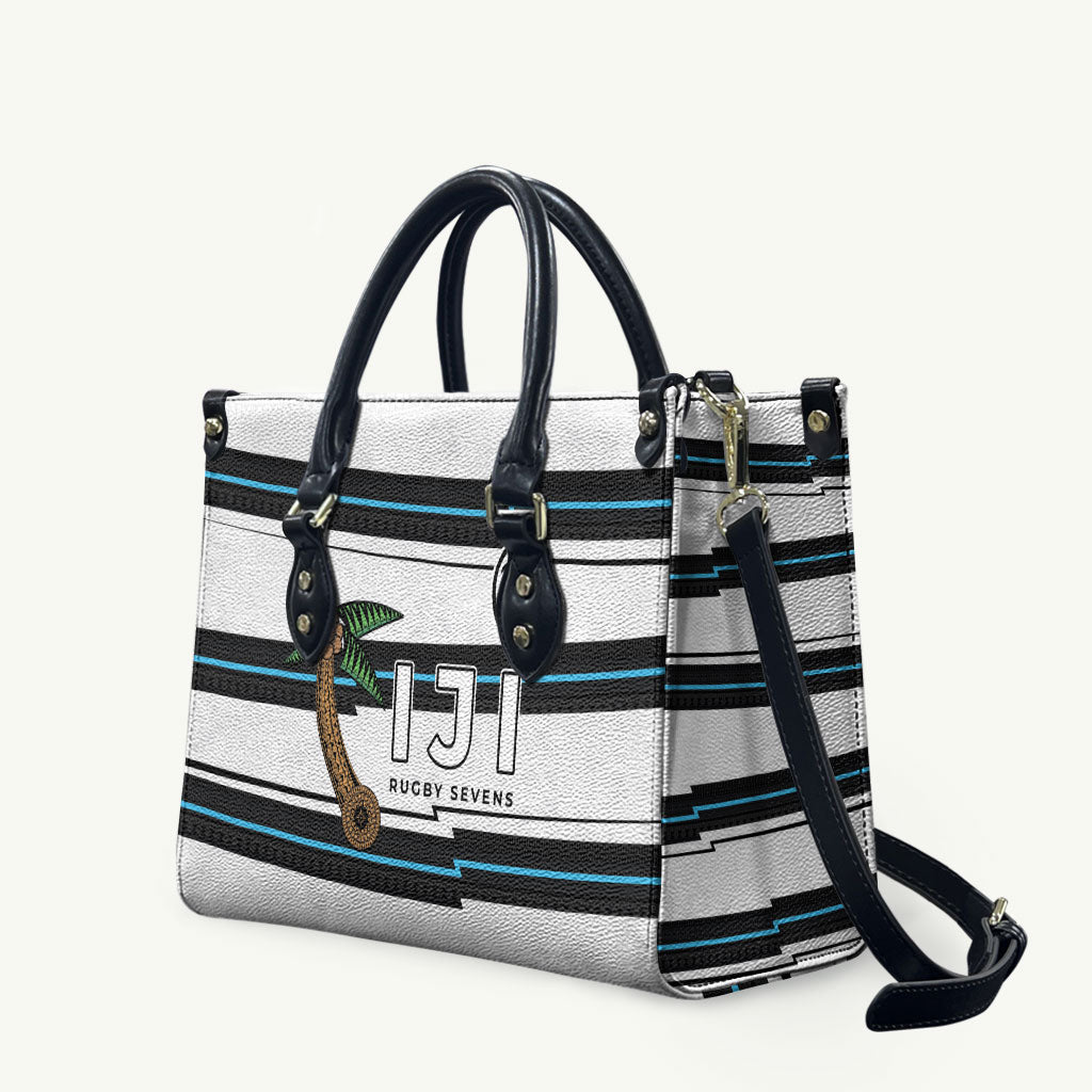Fijian Rugby Sevens Leather Bag Masi Tapa Pattern Stripes Sporty Style LT03 White - Polynesian Pride