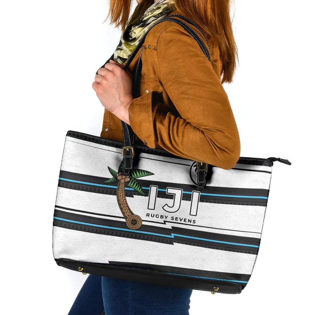Fijian Rugby Sevens Leather Tote Bag Masi Tapa Pattern Stripes Sporty Style LT03 White - Polynesian Pride