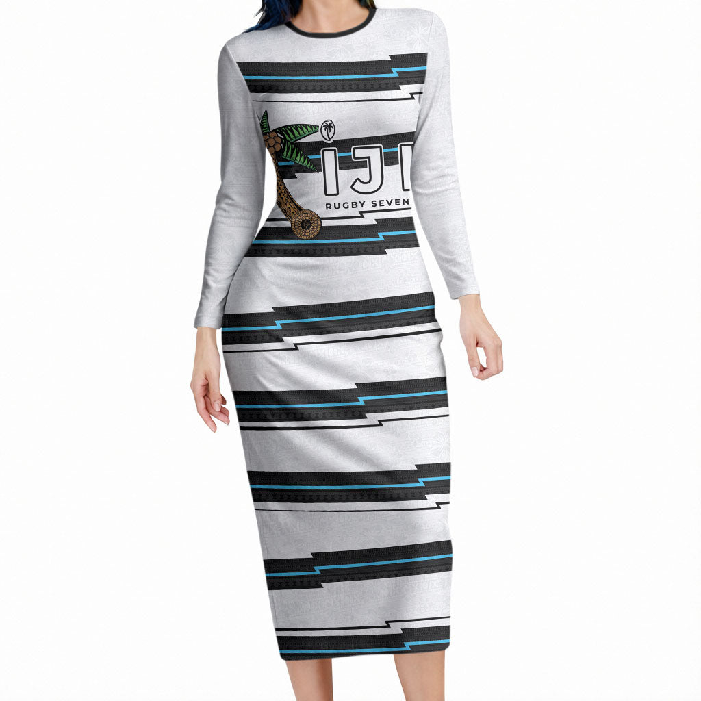 Custom Fijian Rugby Sevens Long Sleeve Bodycon Dress Masi Tapa Pattern Stripes Sporty Style LT03 Long Dress White - Polynesian Pride