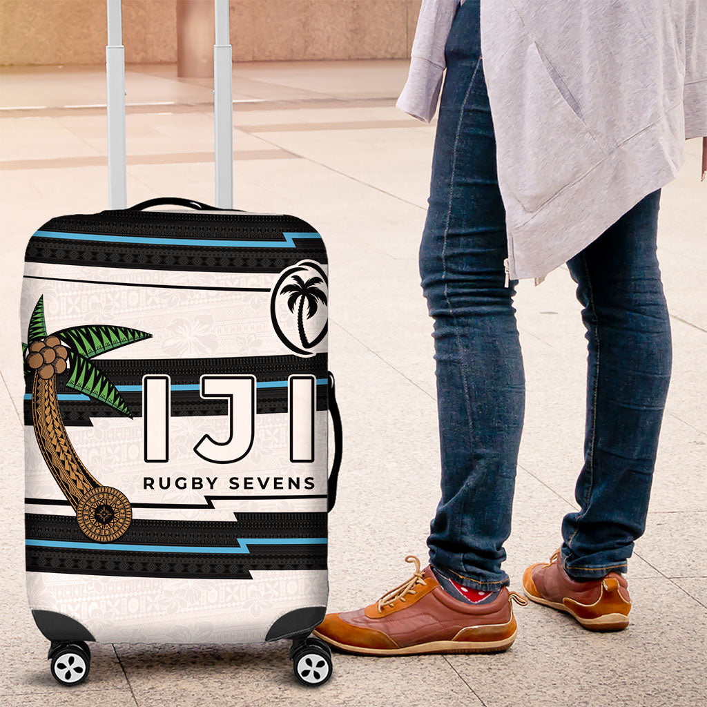 Fijian Rugby Sevens Luggage Cover Masi Tapa Pattern Stripes Sporty Style LT03 White - Polynesian Pride