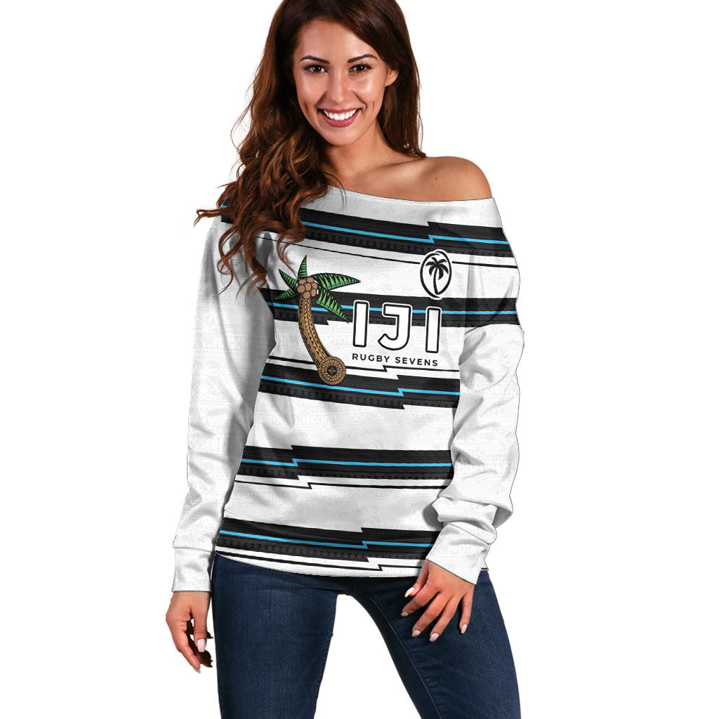 Custom Fijian Rugby Sevens Off Shoulder Sweater Masi Tapa Pattern Stripes Sporty Style LT03 Women White - Polynesian Pride