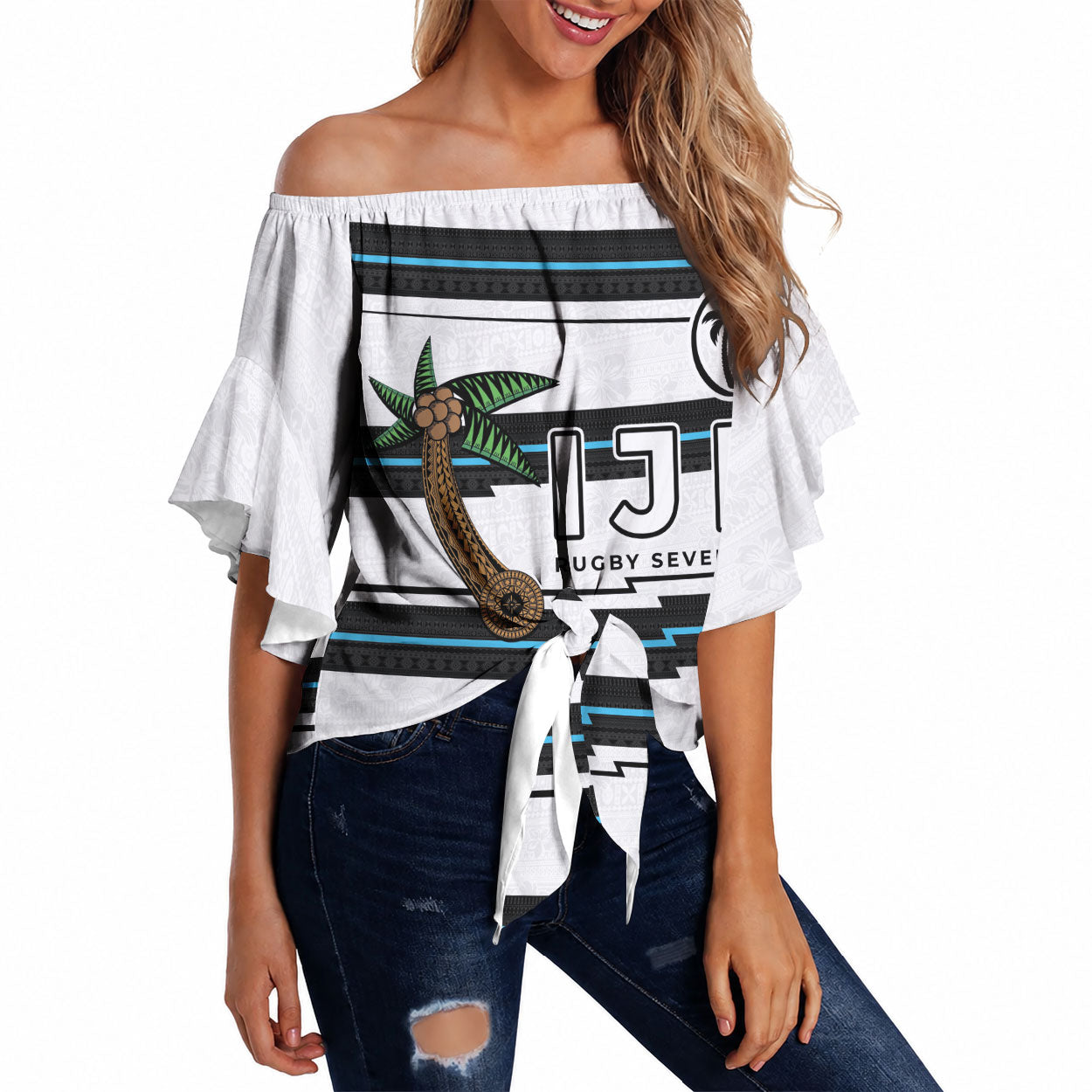 Custom Fijian Rugby Sevens Off Shoulder Wrap Waist Top Masi Tapa Pattern Stripes Sporty Style LT03 White - Polynesian Pride