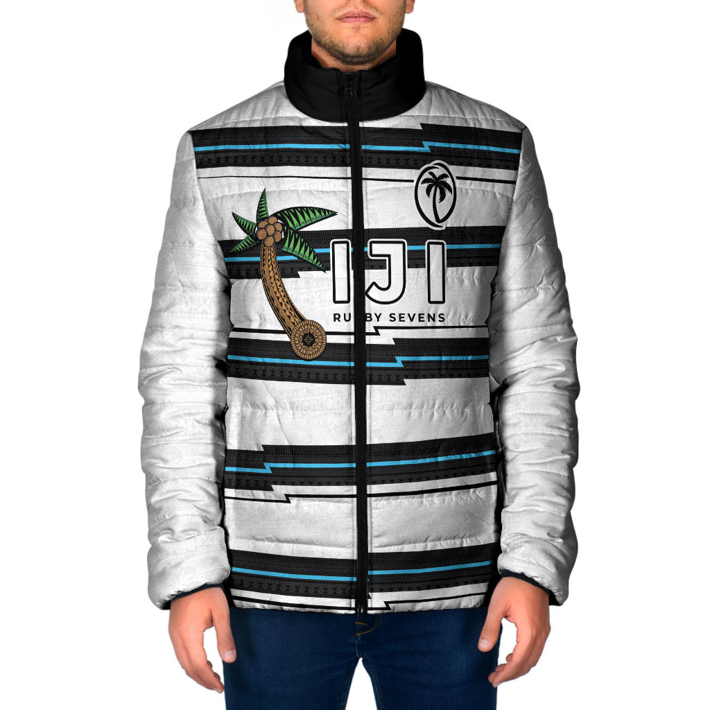 Custom Fijian Rugby Sevens Padded Jacket Masi Tapa Pattern Stripes Sporty Style LT03 Men White - Polynesian Pride