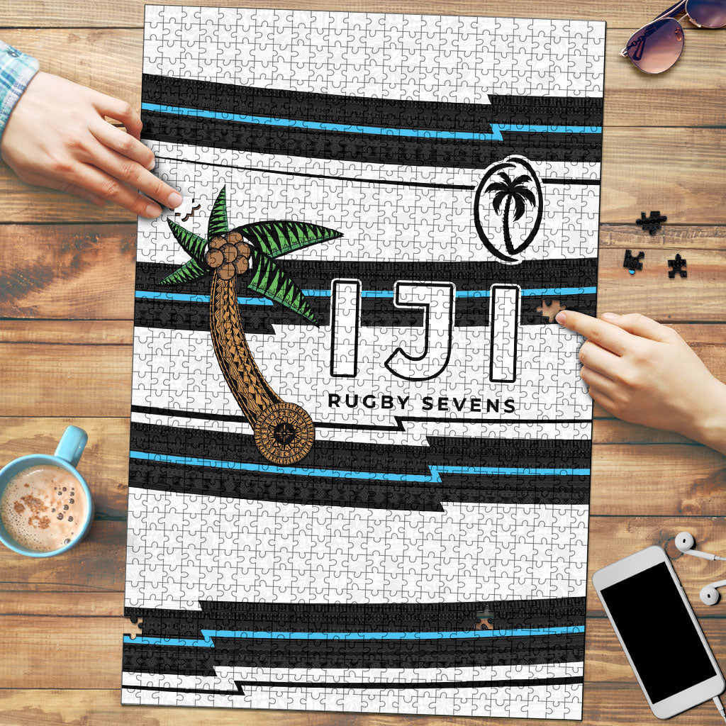 Fijian Rugby Sevens Puzzle Masi Tapa Pattern Stripes Sporty Style LT03 White - Polynesian Pride