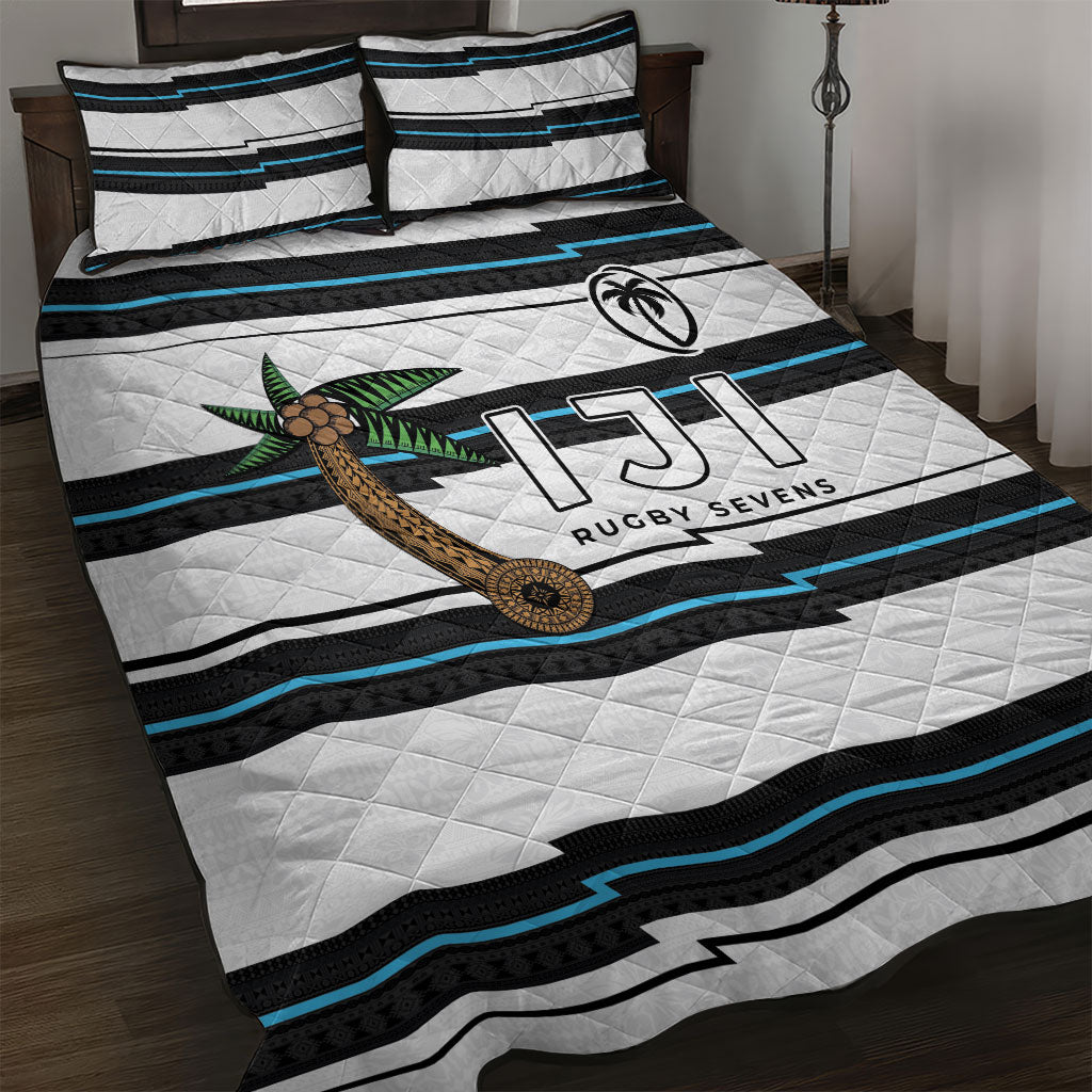 Fijian Rugby Sevens Quilt Bed Set Masi Tapa Pattern Stripes Sporty Style LT03 White - Polynesian Pride