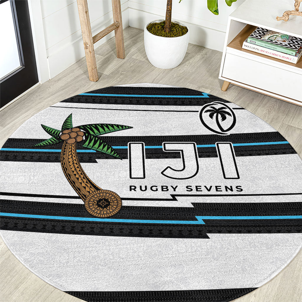 Fijian Rugby Sevens Round Carpet Masi Tapa Pattern Stripes Sporty Style LT03 White - Polynesian Pride