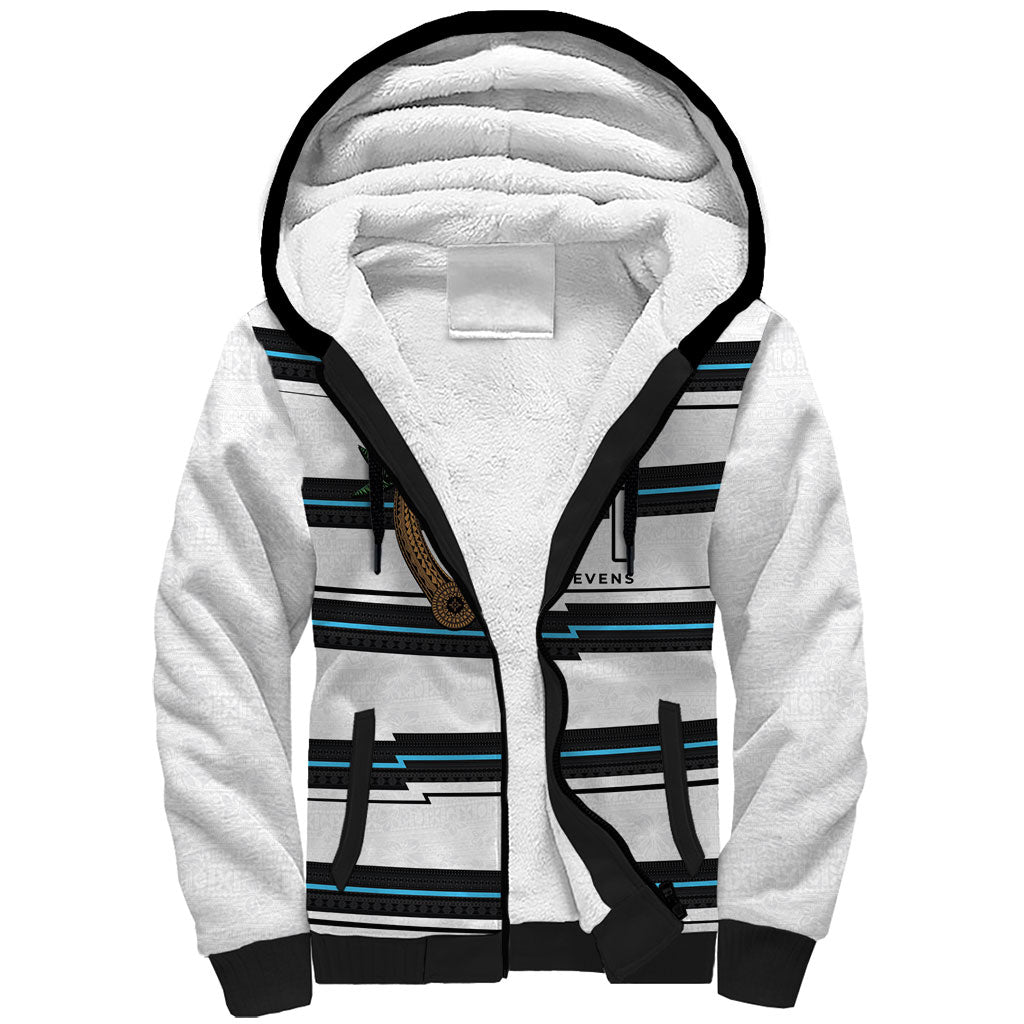 Custom Fijian Rugby Sevens Sherpa Hoodie Masi Tapa Pattern Stripes Sporty Style LT03 Unisex White - Polynesian Pride
