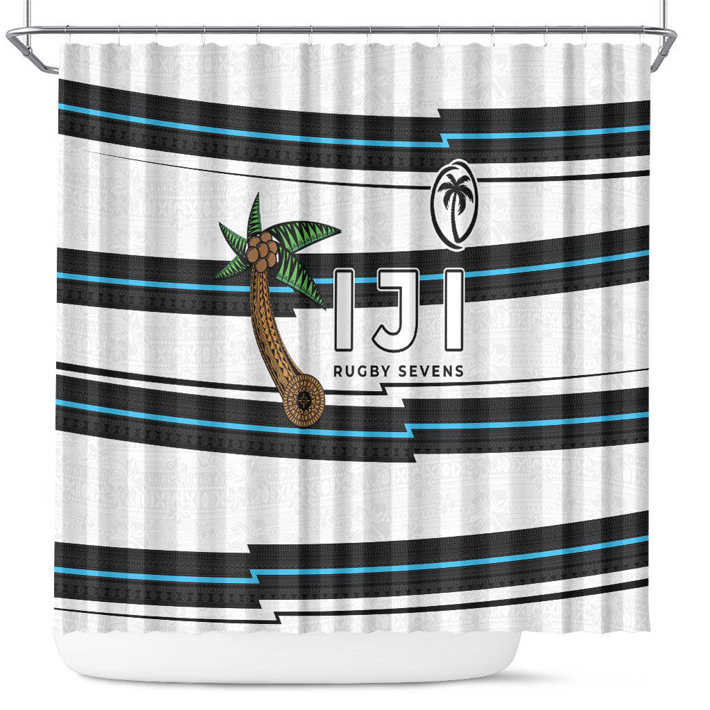 Fijian Rugby Sevens Shower Curtain Masi Tapa Pattern Stripes Sporty Style LT03 White - Polynesian Pride