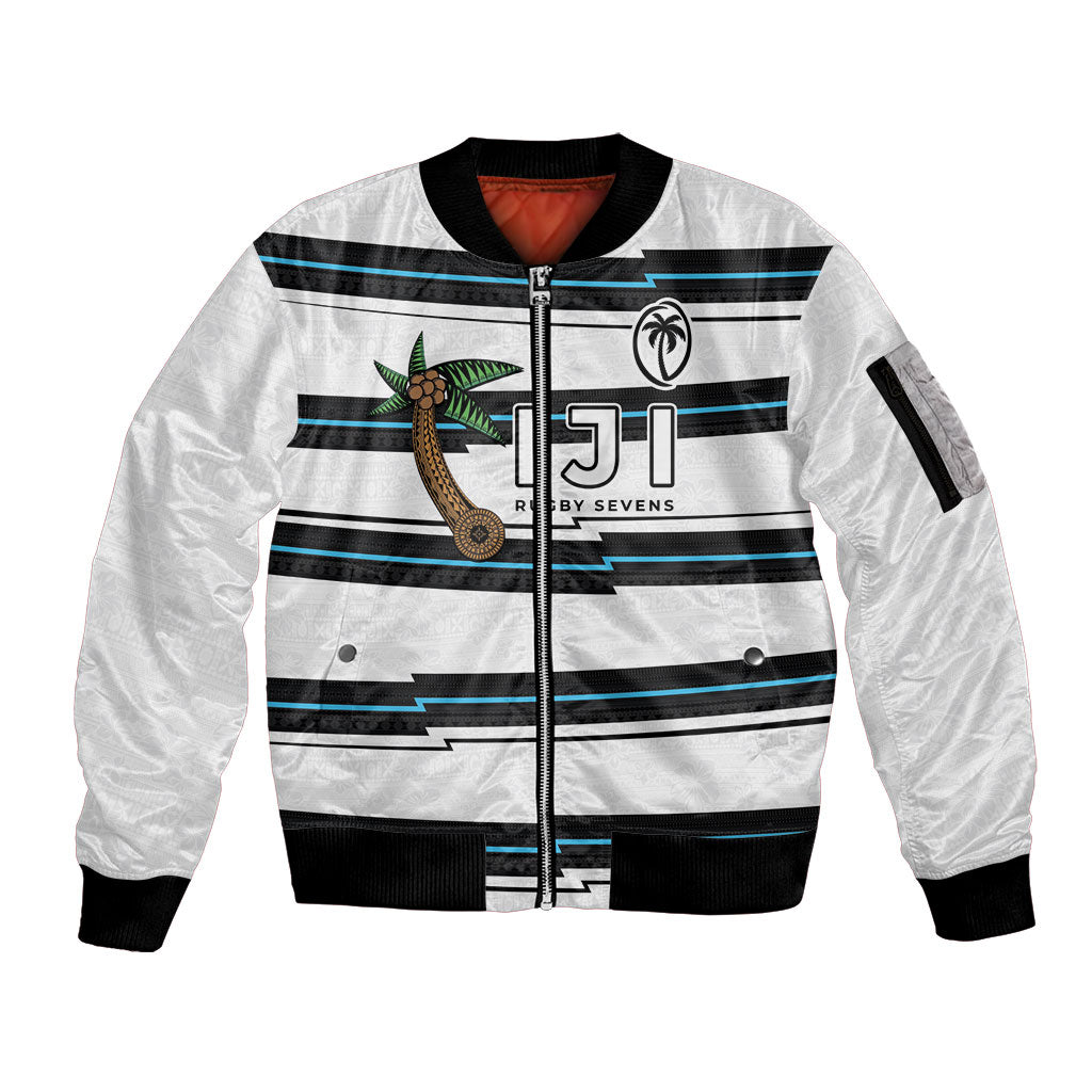 Custom Fijian Rugby Sevens Sleeve Zip Bomber Jacket Masi Tapa Pattern Stripes Sporty Style LT03 Unisex White - Polynesian Pride