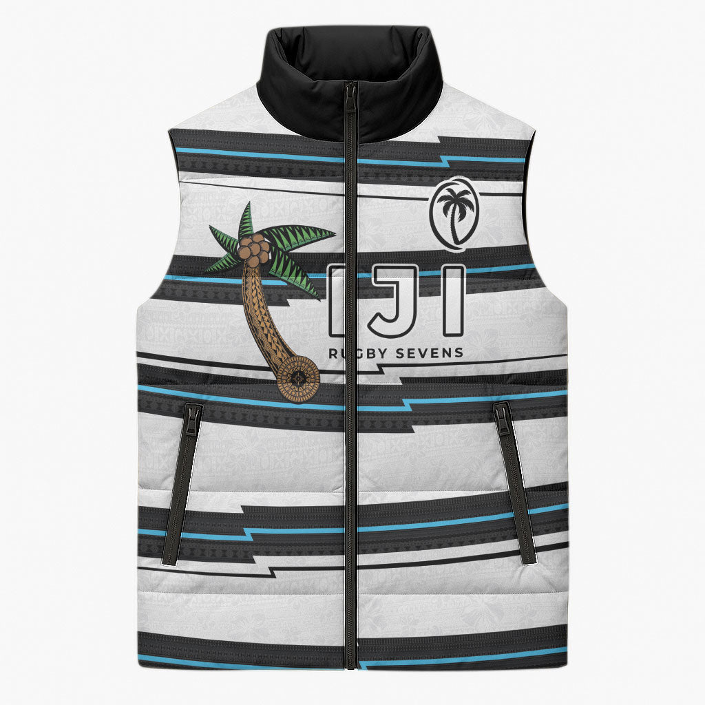 Custom Fijian Rugby Sevens Sleeveless Puffer Jacket Masi Tapa Pattern Stripes Sporty Style LT03 Unisex White - Polynesian Pride