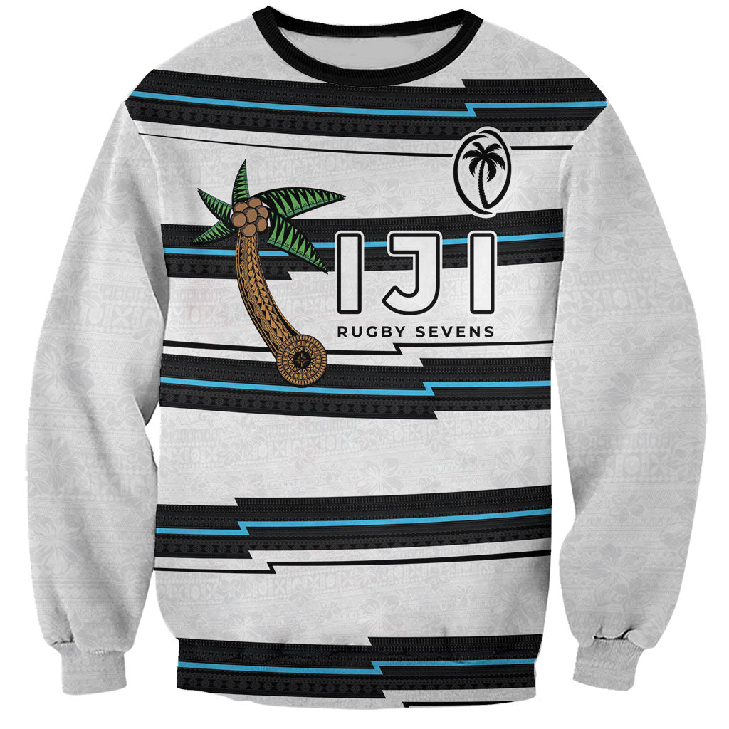 Custom Fijian Rugby Sevens Sweatshirt Masi Tapa Pattern Stripes Sporty Style LT03 Unisex White - Polynesian Pride